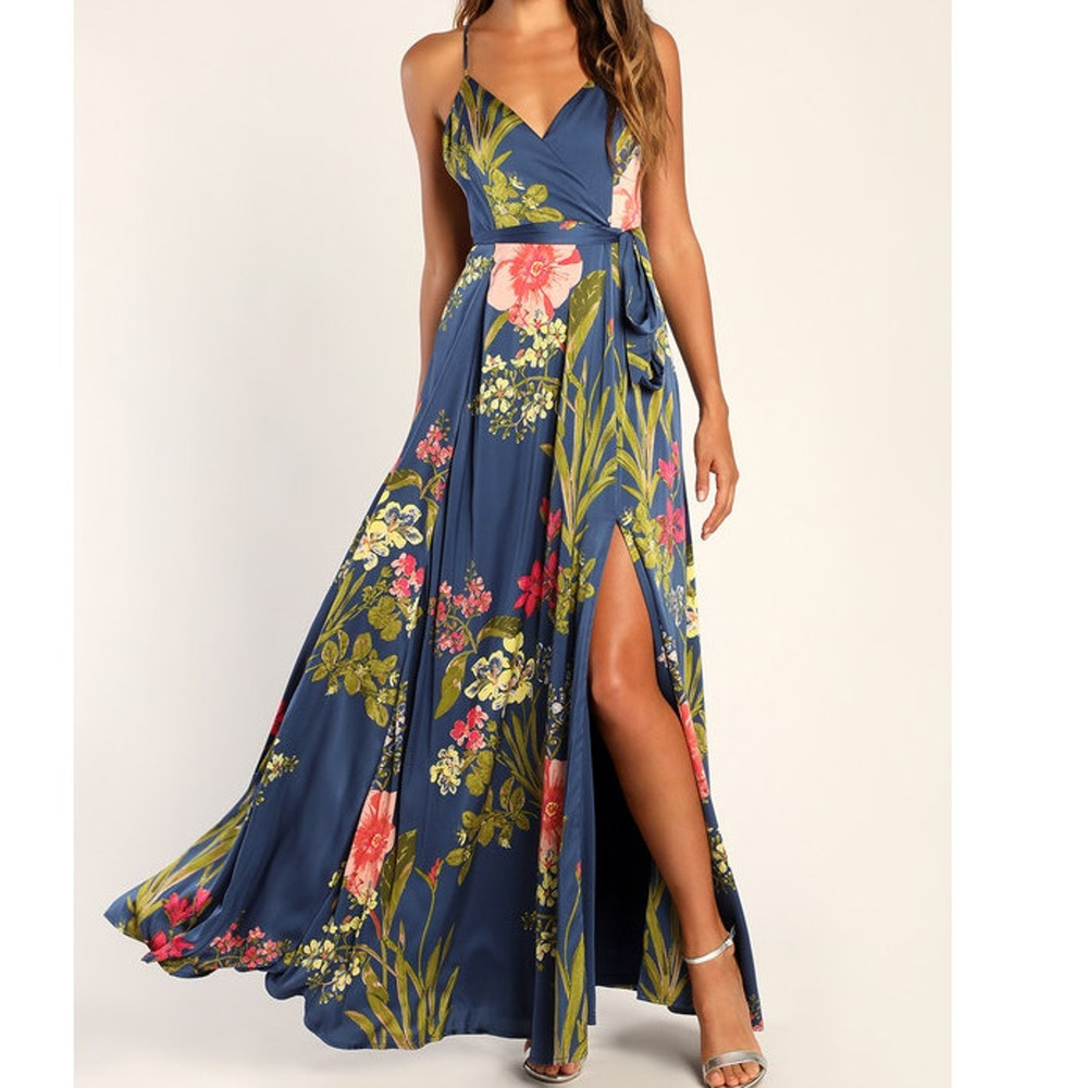 LULU'S XL Blue Still the One Floral Sleeveless Surplice Neck Maxi Dress